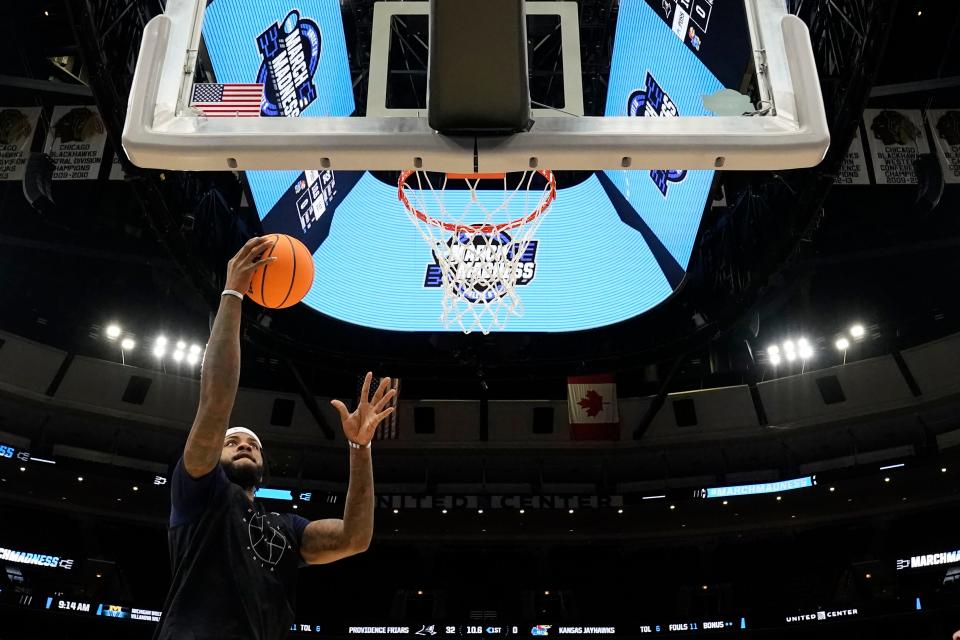 Providence's Nate Watson participates in practice Thursday in Chicago. The Friars face the Kansas Jayhawks on Friday night.