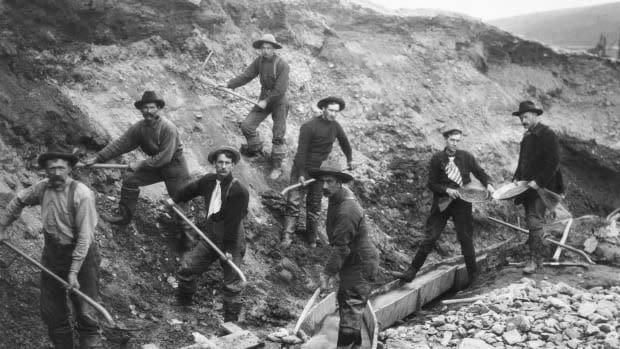 Miners pan for gold in the California gold rush in 1849.