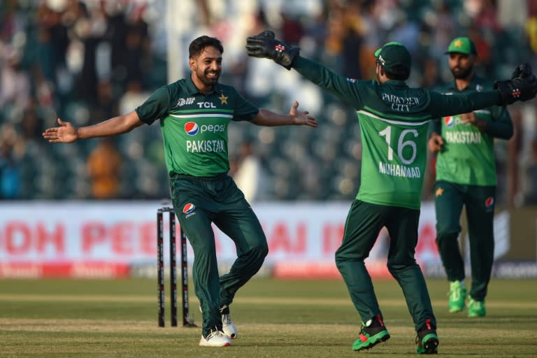 Man of the moment: Pakistan's Haris Rauf celebrates after taking the wicket of Bangladesh's Taskin Ahmed (ASIF HASSAN)