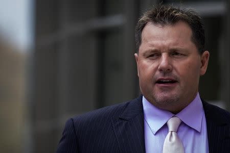 Former Major League pitcher Roger Clemens exits the Brooklyn Federal Courthouse in the Brooklyn Borough of New York April 29, 2014. REUTERS/Brendan McDermid