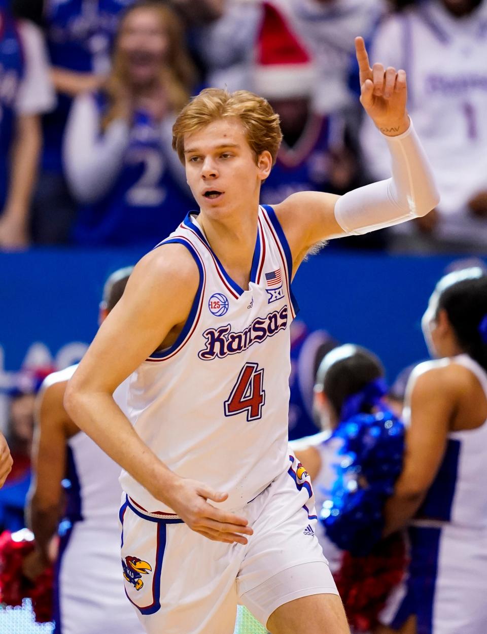 Dec 17, 2022; Lawrence, Kansas, USA; Kansas Jayhawks guard Gradey Dick (4) reacts after scoring during the first half against the Indiana Hoosiers at Allen Fieldhouse.