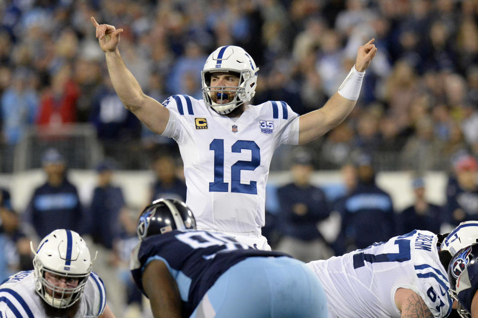 Indianapolis Colts quarterback Andrew Luck (12) calls a play against the Tennessee Titans in the first half of an NFL football game Sunday, Dec. 30, 2018, in Nashville, Tenn. (AP Photo/Mark Zaleski)