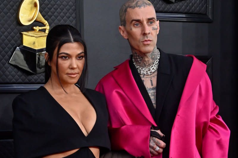 Kourtney Kardashian and Travis Barker arrive for the 64th annual Grammy Awards at the MGM Grand Garden Arena in Las Vegas in 2022. File Photo by Jim Ruymen/UPI