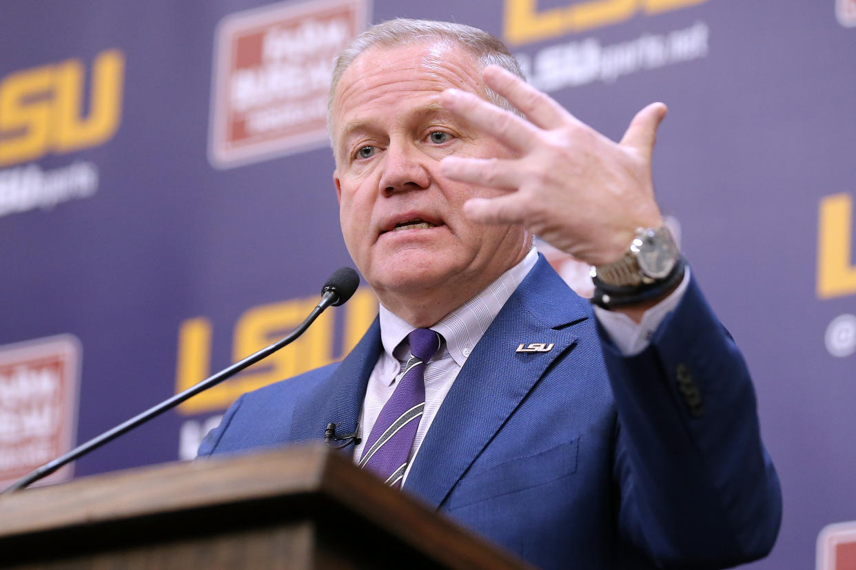 Brian Kelly speaks after being introduced as head football coach of the LSU Tigers during a news conference on Dec. (Jonathan Bachman/Getty Images)