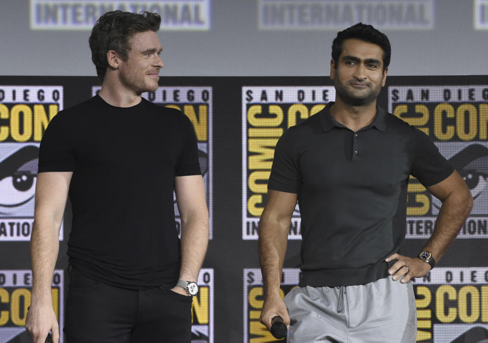 Richard Madden, left, and Kumail Nanjiani attend the Marvel Studios panel on day three of Comic-Con International on Saturday, July 20, 2019, in San Diego. (Photo by Chris Pizzello/Invision/AP)