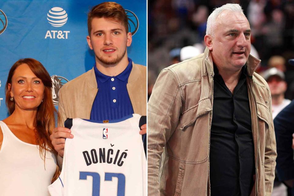 <p>Glenn James/NBAE/Getty ; Tom Pennington/Getty</p> Left: Luka Doncic and his mother pose for a photo at the Post NBA Draft press conference on June 22, 2018. Right: Sasa Doncic looks on as the Mavericks take on the Denver Nuggets at American Airlines Center on November 18, 2022.  