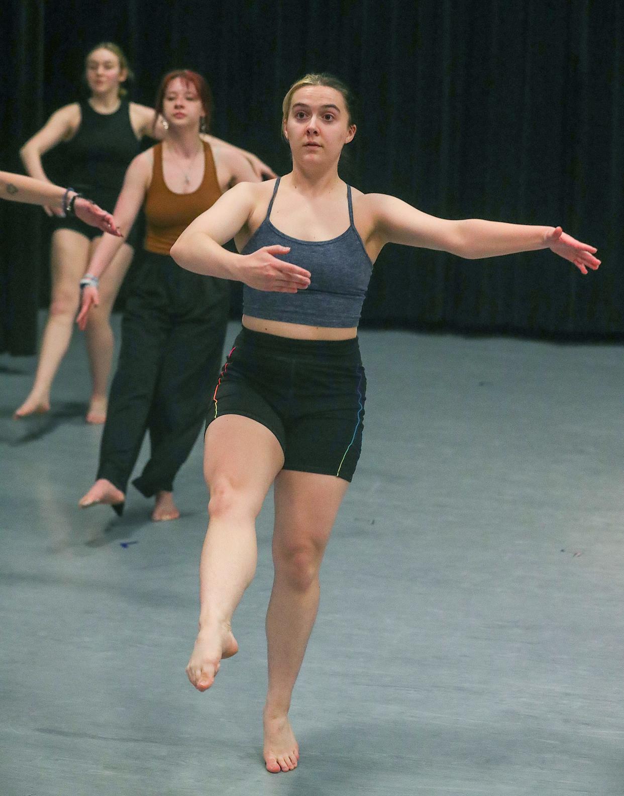 Molly Bagatto performs in "Dance Sonata" during a joint rehearsal with a University of Akron jazz trio at Guzzetta Hall in Akron. The jazz and dance programs at UA are hosting a total of four performances April 12 and 13.