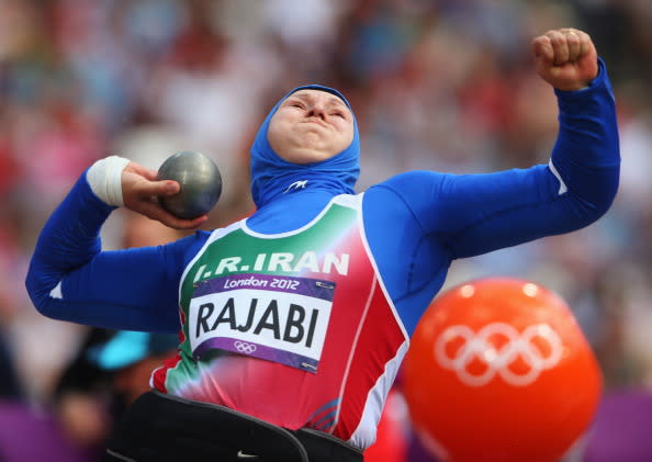 LONDON, ENGLAND - AUGUST 06: Leyla Rajabi of Islamic Republic of Iran competes in the Women's Shot Put qualification on Day 10 of the London 2012 Olympic Games at the Olympic Stadium on August 6, 2012 in London, England. (Photo by Alexander Hassenstein/Getty Images)