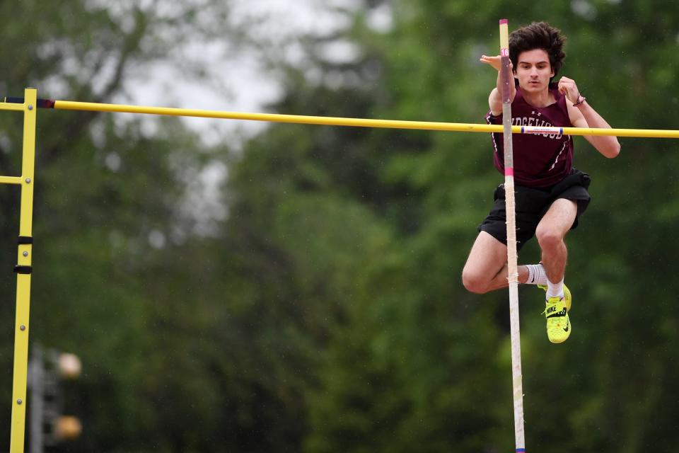 Big North Freedom and National track meet at Ridgewood High School on Friday, May 28, 2021. Luke Gnospelius, of Ridgewood, competes in the pole vault. 