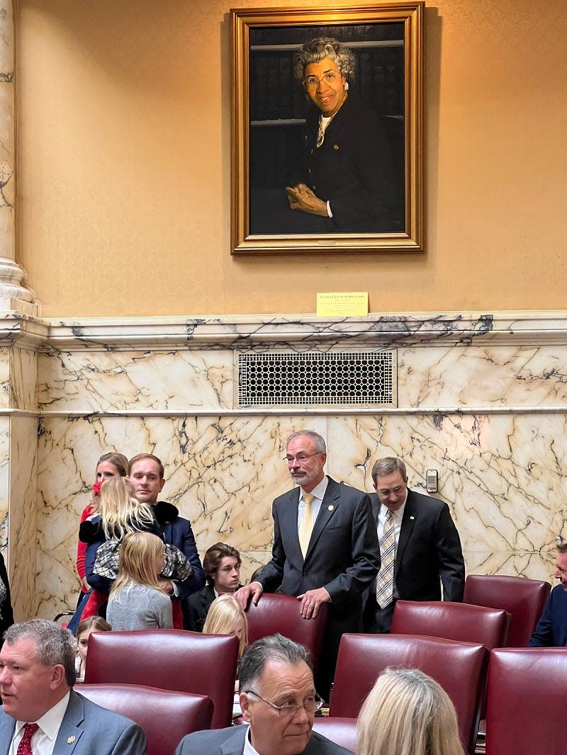 U.S. Rep. Andy Harris, R-1, stands beneath a portrait of the 20th century state Sen. Verda Freeman Welcome, on the floor of the Maryland Senate in Annapolis on the opening day of the General Assembly session Jan. 11, 2023. Harris was a member of the body from 1999 to 2011, representing Baltimore and Harford counties.