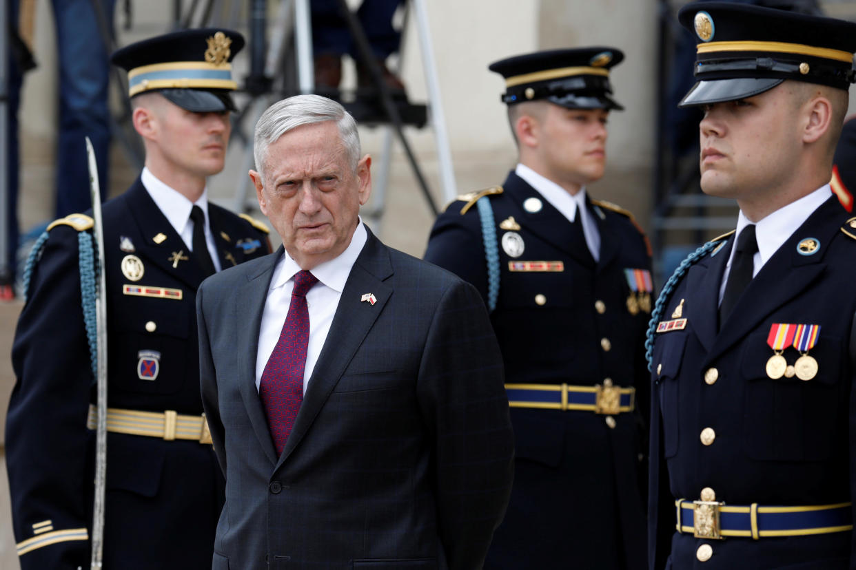 Defense Secretary James Mattis waits to welcome the Polish defense minister at the Pentagon in April. (Photo: Yuri Gripas/Reuters)