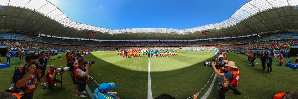 FORTALEZA, BRAZIL - JUNE 29:  EDITOR'S NOTE: Image was created as an Equirectangular Panorama. Import image into a panoramic player to create an interactive 360 degree view. Exclusive Content, outside of all subscription agreements - Premium Pricing applies) The teams line up before the 2014 FIFA World Cup Brazil Round of 16 match between Netherlands and Mexico at Castelao on June 29, 2014 in Fortaleza, Brazil.  (Photo by Robert Cianflone/360/Getty Images)