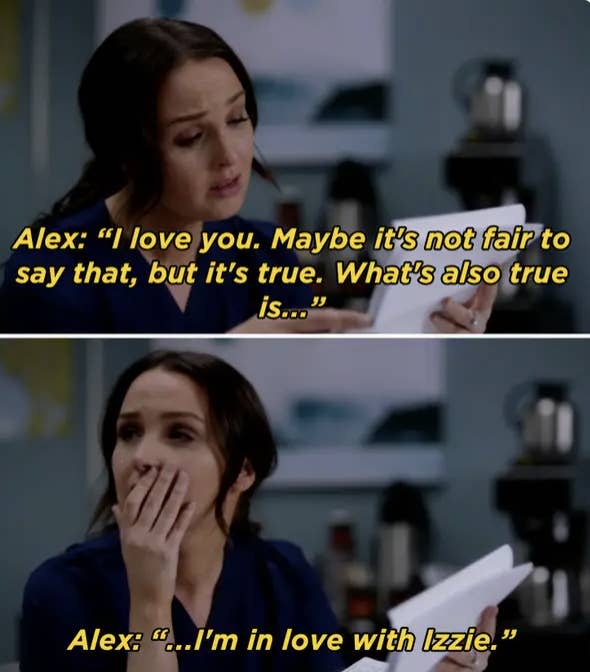 Jo reading Alex's letter stating that he is in love with Izzie