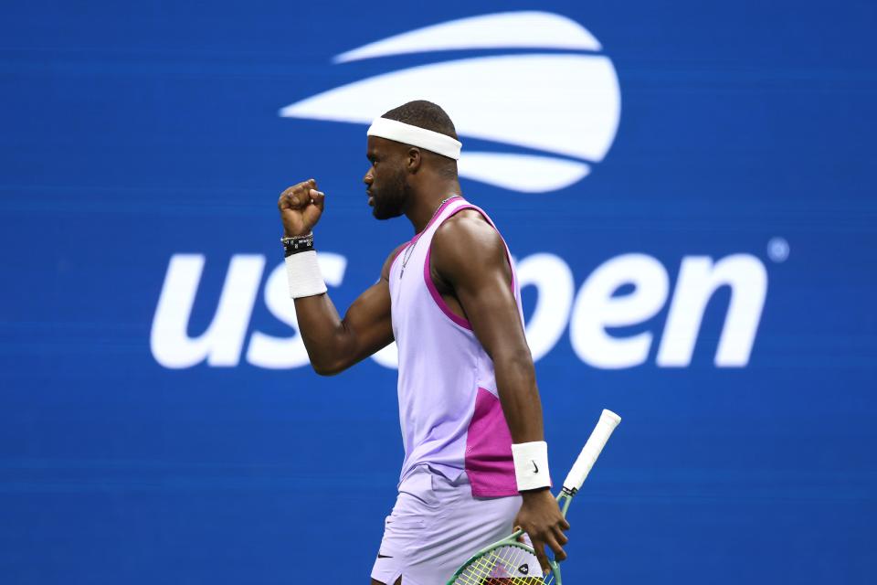 NEW YORK, NEW YORK - SEPTEMBER 06:  Frances Tiafoe of the United States celebrates a point against Taylor Fritz of the United States during their Men's Singles Semifinal match on Day Twelve of the 2024 US Open at USTA Billie Jean King National Tennis Center on September 06, 2024 in the Flushing neighborhood of the Queens borough of New York City. (Photo by Jamie Squire/Getty Images) (Getty Images)