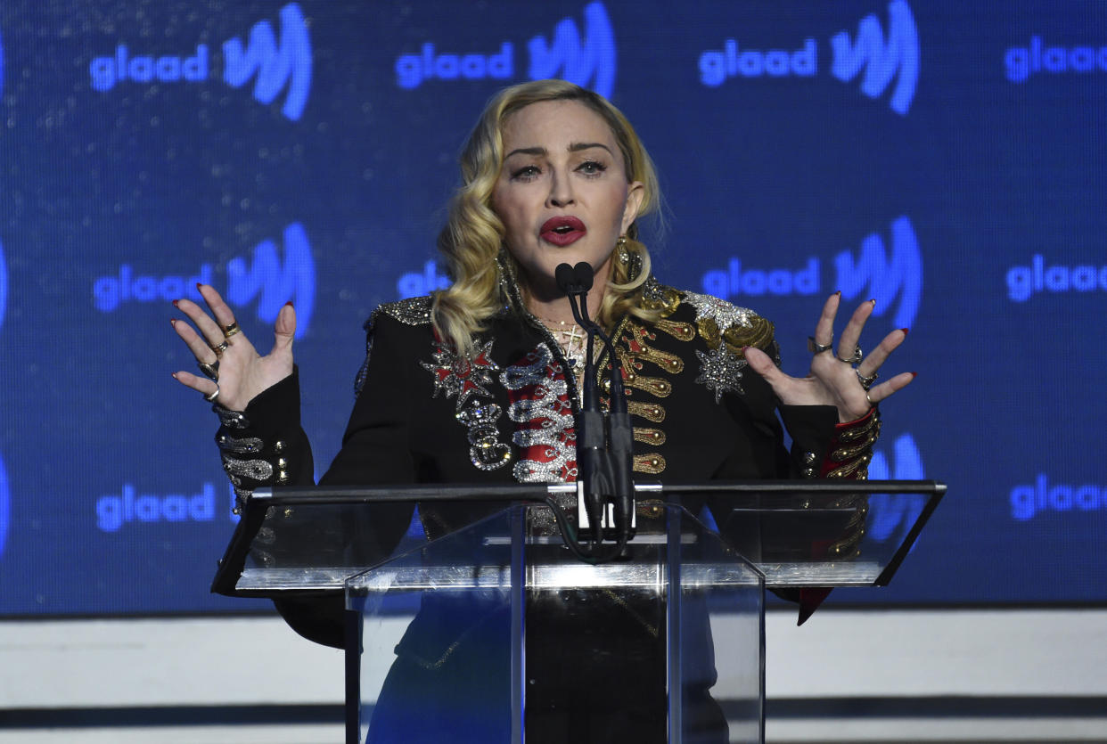 Honoree Madonna accepts the advocate for change award at the 30th annual GLAAD Media Awards at the New York Hilton Midtown on Saturday, May 4, 2019, in New York. (Photo by Evan Agostini/Invision/AP)