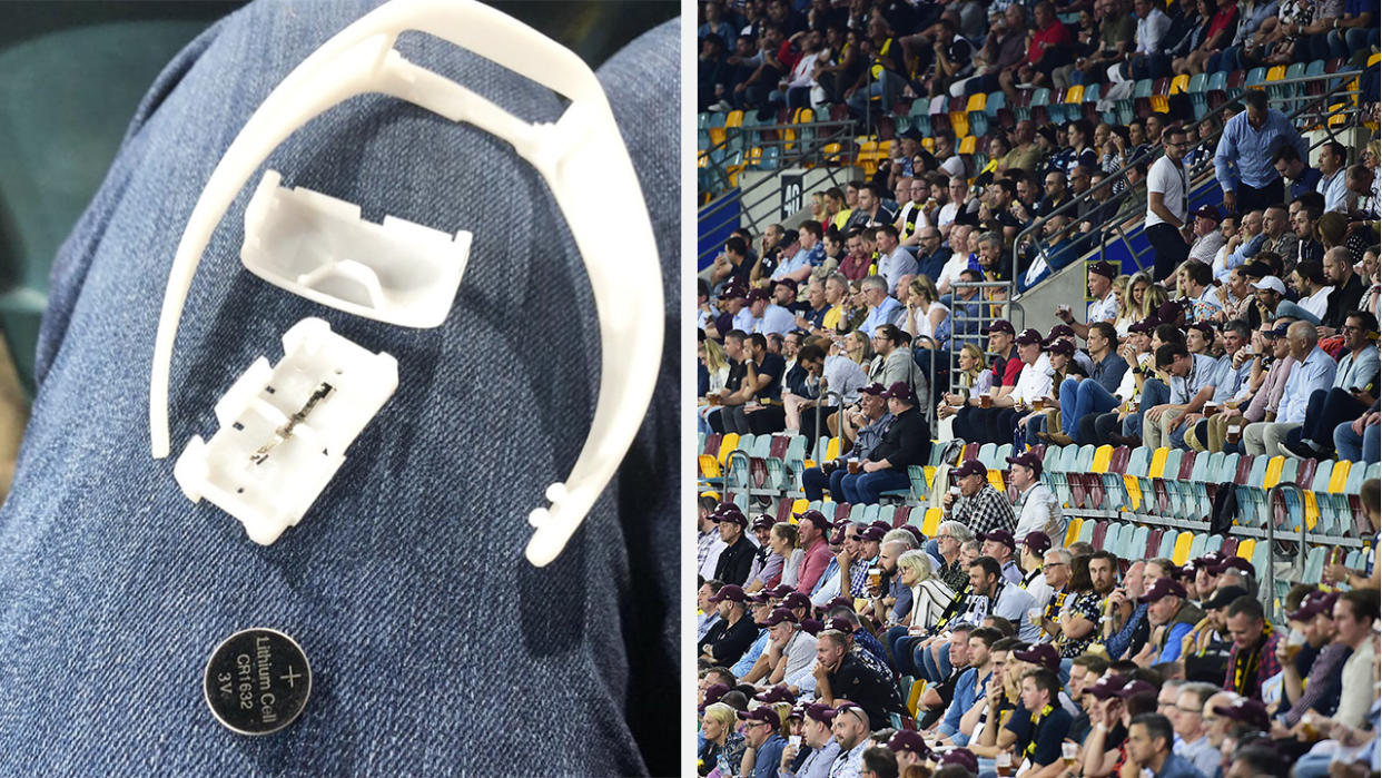 A 50-50 split image shows the LED wristband that has been recalled, and the crowd at the grand final.