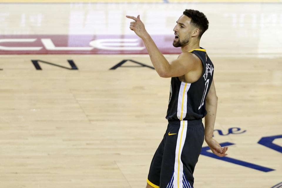 Klay Thompson celebrated his big first half in Game 4 with an ode to Sam Cassell. (Getty)