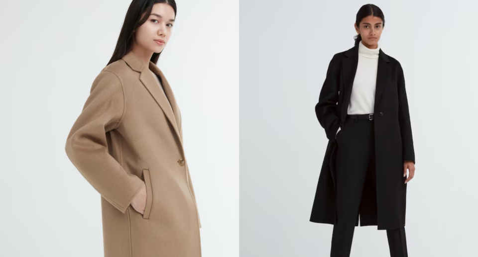 model wearing beige jacket, woman wearing black jeans, white turtleneck and black coat, Double Face Long Coat in beige and black (photos via Uniqlo)