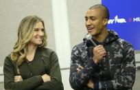 <p>Ashton Eaton, right, and his wife, Brianne Theisen-Eaton, participate in a news conference in New York, Thursday, Feb. 18, 2016. Eaton may be the ” world's greatest athlete," but at meets throughout the season such as Saturday's Millrose Games, the decathlon Olympic gold medalist and world-record holder is more like the third-best hurdler or long jumper. For Eaton and his wife, heptathlon world silver medalist Theisen-Eaton, it's not possible to compete in their entire events while preparing for championship meets. (AP Photo/Seth Wenig) </p>