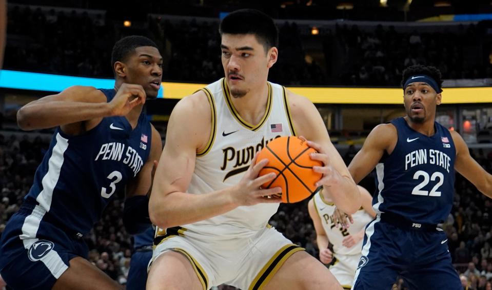 Mar 12, 2023; Chicago, IL, USA; Penn State Nittany Lions forward Kebba Njie (3) defends Purdue Boilermakers center Zach Edey (15) during the first half at United Center. Mandatory Credit: David Banks-USA TODAY Sports