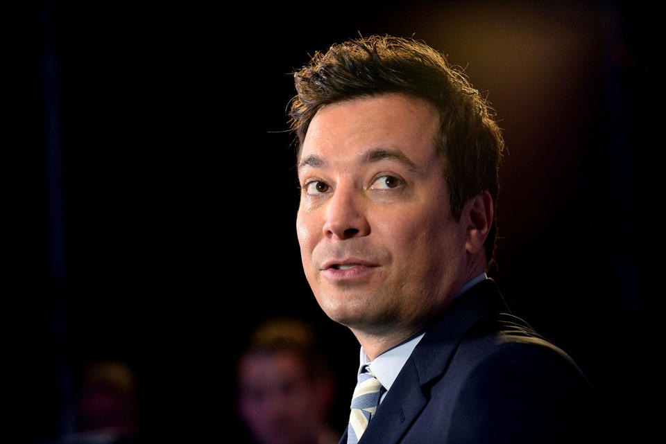 ORLANDO, FL - APRIL 03:  Jimmy Fallon answer questions from the media during a presentation of the Universal Orlando's Newest Attraction "Race Through New York Starring Jimmy Fallon" at Universal Orlando on April 3, 2017 in Orlando, Florida.  (Photo by Gerardo Mora/FilmMagic)