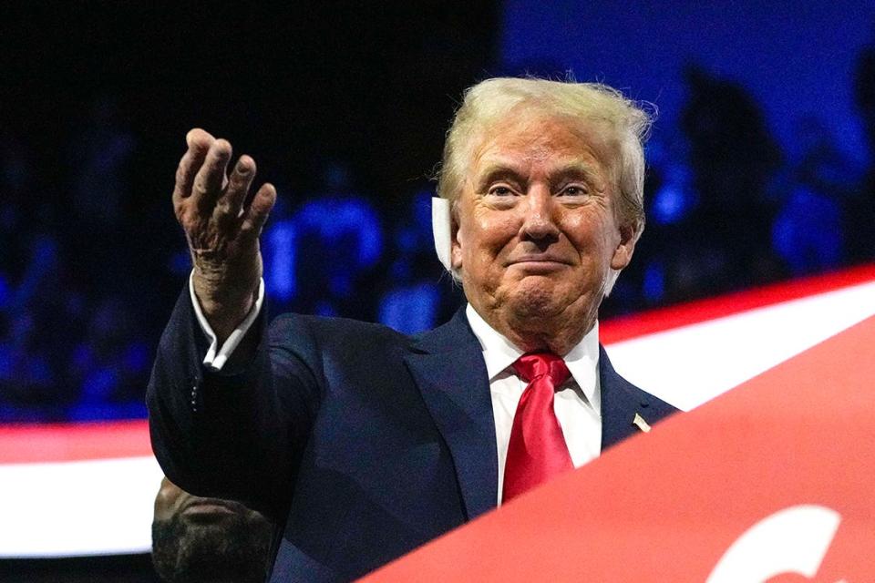 Former President Donald Trump appears during the first day of the Republican National Convention. The RNC kicked off the first day of the convention with the roll call vote of the states.