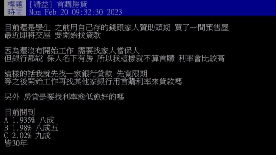 網友在PTT上分享「首購房貸」。（圖／翻攝自PTT）