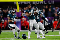 <p>Brandon Graham #55 of the Philadelphia Eagles is congratulated by his teammates after forcing a fumble late in the fourth quarter against the New England Patriots in Super Bowl LII at U.S. Bank Stadium on February 4, 2018 in Minneapolis, Minnesota. The Philadelphia Eagles defeated the New England Patriots 41-33. (Photo by Kevin C. Cox/Getty Images) </p>