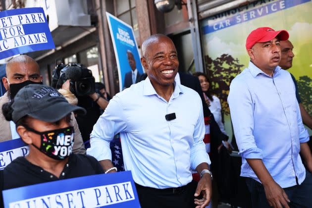 Eric Adams campaigns with Mexican American community leaders in Brooklyn's Sunset Park neighborhood. Adams is the frontrunner thanks to his leads with Black and Latino voters. (Photo: Michael M. Santiago/Getty Images)