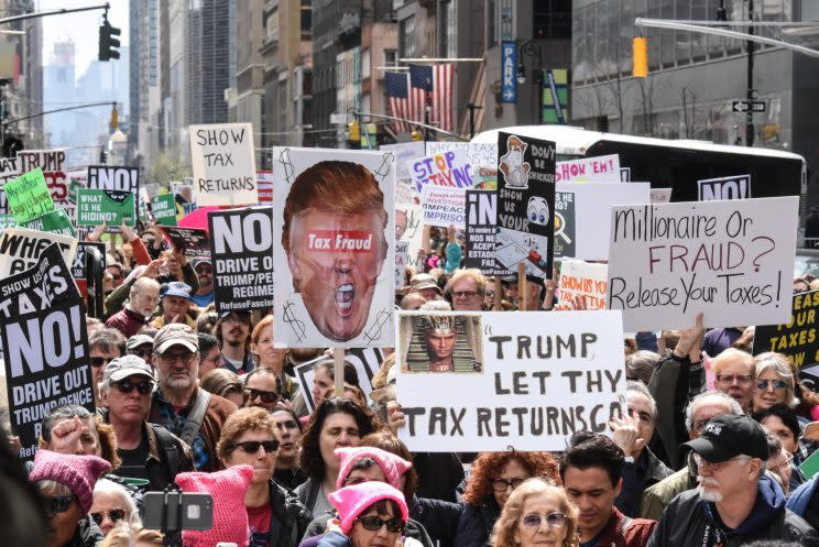 People participate in a Tax Day protest in New York City on Saturday. (Stephanie Keith/Getty Images)