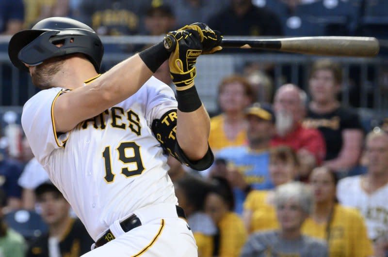Pittsburgh Pirates second baseman Jared Triolo recorded a game-winning RBI single in a win over the Miami Marlins on Thursday in Miami. File Photo by Archie Carpenter/UPI