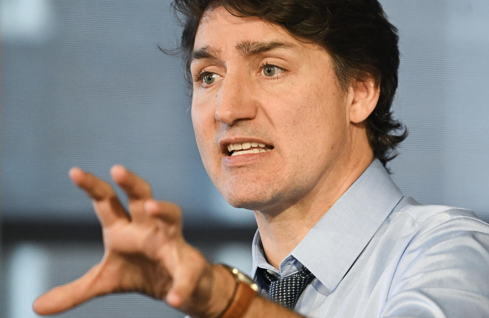 Prime Minister Justin Trudeau speaks during an announcement on innovation for economic growth in advance of the 2024 federal budget in Montreal, Sunday, April 7, 2024. THE CANADIAN PRESS/Graham Hughes