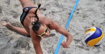 TOPSHOTS German beach volleyball player Ilka Semmler reacts during a training session during the FIVB Beach-Volleyball Grand Slam 2012 in Berlin on July 10, 2012. The Grand slam takes part from July 10 to 15, 2012. AFP PHOTO / HANNIBAL HANSCHKE GERMANY OUTHANNIBAL HANSCHKE/AFP/GettyImages