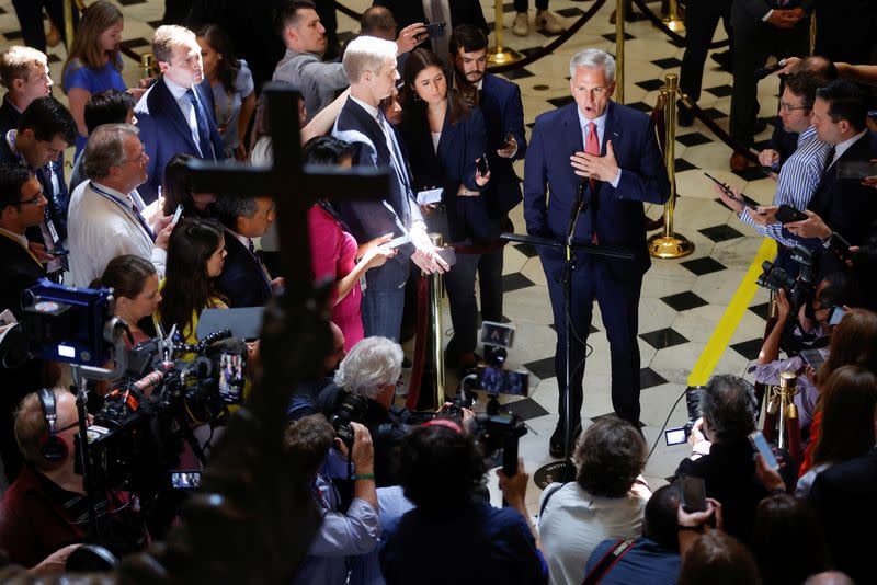 U.S. House Speaker McCarthy speaks with reporters at the U.S. Capitol in Washington