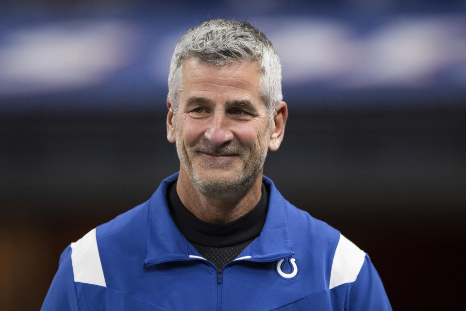 FILE - Indianapolis Colts head coach Frank Reich walks onto the field before an NFL football game against the New York Jets, Thursday, Nov. 4, 2021, in Indianapolis. The Carolina Panthers announced Thursday, Jan. 26, 2023, they have agreed to terms with Frank Reich to become their new head coach. (AP Photo/Zach Bolinger, File)