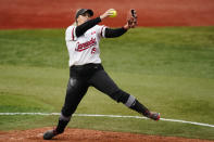 Canada's Danielle Lawrie pitches during a softball game against Italy at Yokohama Baseball Stadium during the 2020 Summer Olympics, Monday, July 26, 2021, in Yokohama, Japan. (AP Photo/Matt Slocum)