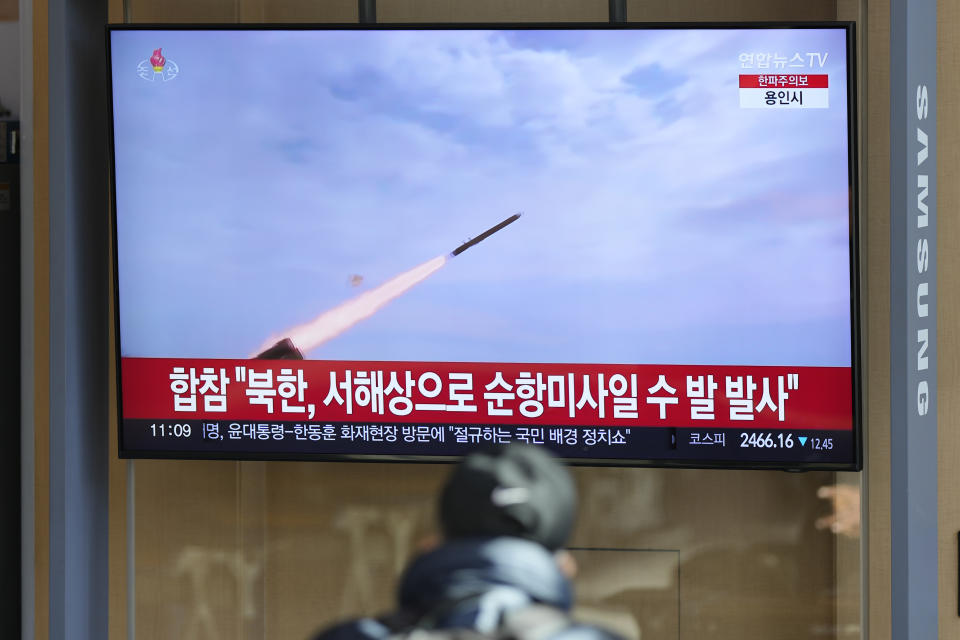 A TV screen shows a report of North Korea's cruise missiles with file footage during a news program at the Seoul Railway Station in Seoul, South Korea, Wednesday, Jan. 24, 2024. South Korea's military says North Korea fired several cruise missiles into waters off its western coast, adding to a provocative run of weapons demonstrations in the face of deepening nuclear tensions with the United States, South Korea and Japan. The letters read "South Korea's Joint Chiefs of Staff, North Korea fired several cruise missiles into waters off its western coast." (AP Photo/Lee Jin-man)