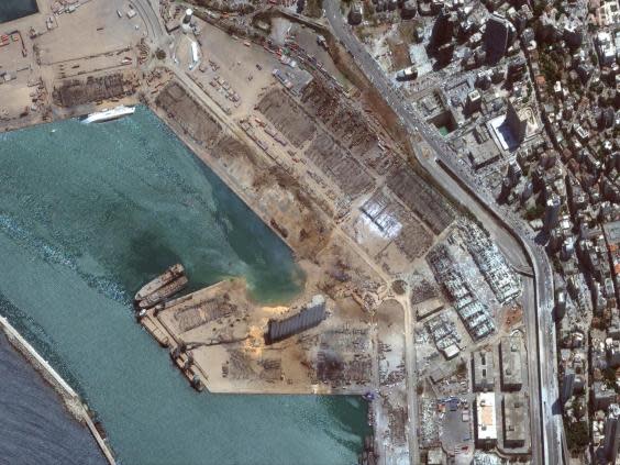 A satellite image shows the port of Beirut after the explosion (Maxar Technologies/via Reuters)