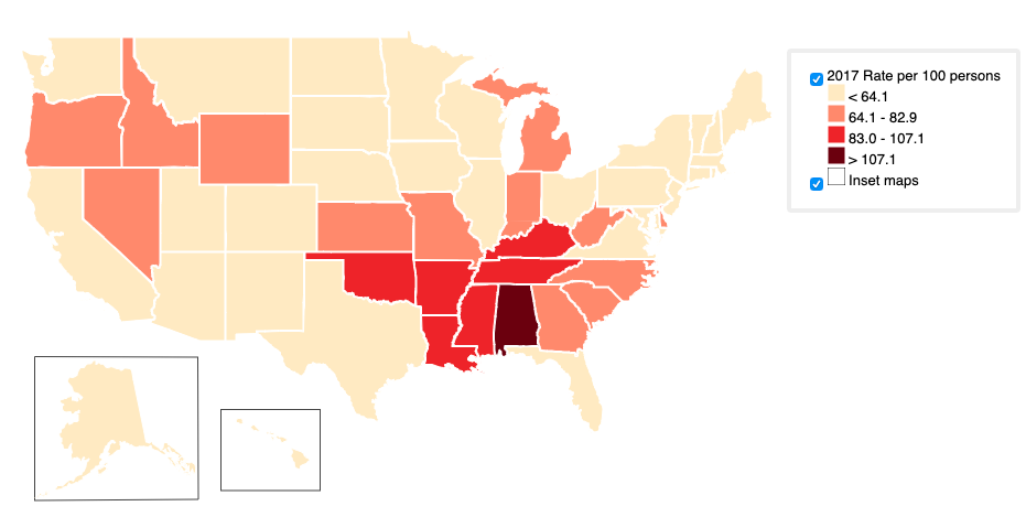 Opioid prescribing rates in 2017 were higher in southeastern U.S. (Map: CDC)