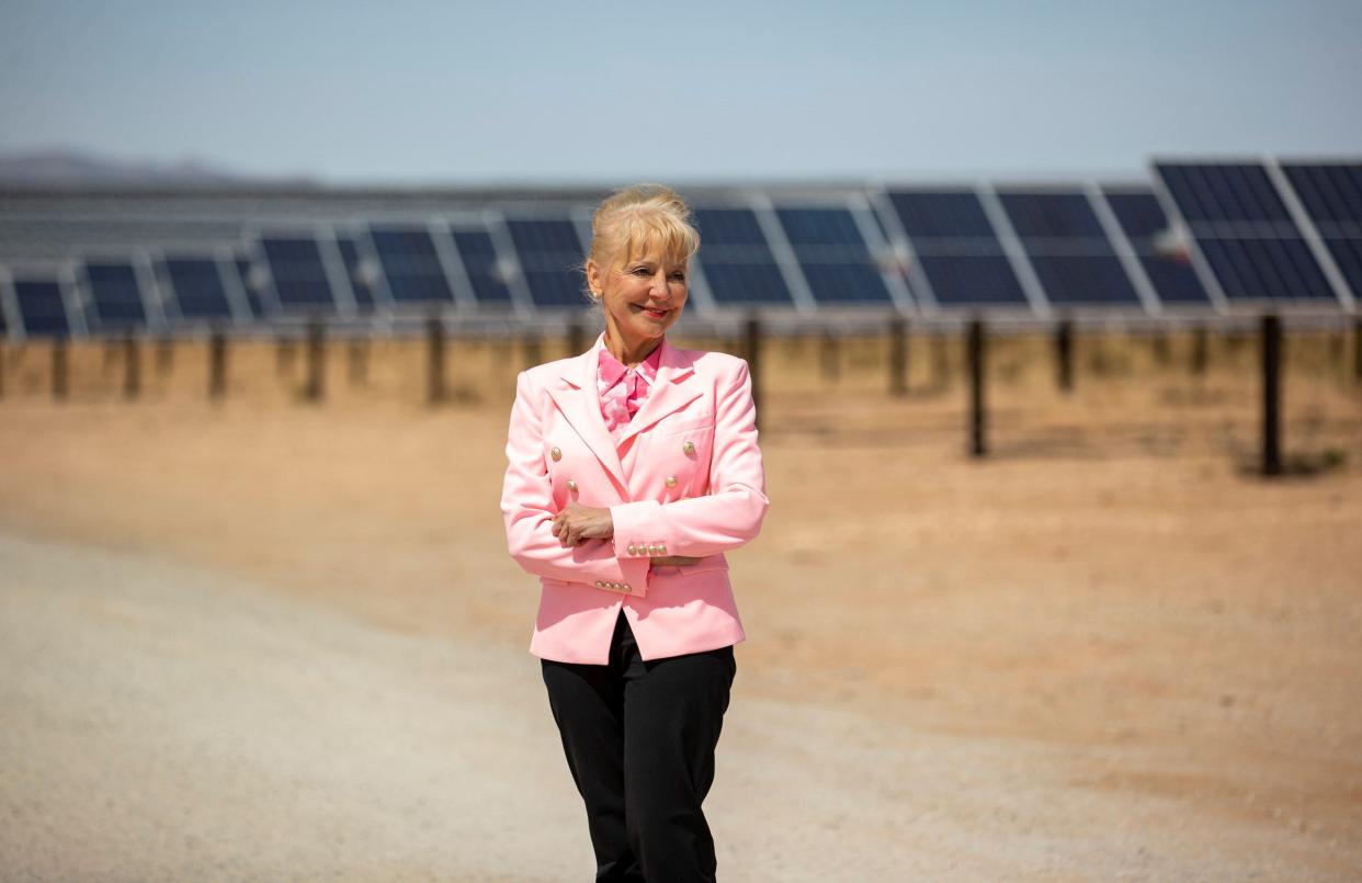 El Paso Electric CEO Kelly Tomblin stands inside the 120MW Buena Vista Energy Center solar plant near Chaparral, New Mexico on April 5, 2023. El Paso Electric is buying all of the plant's energy, enough to power about 60,000 homes.