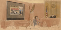 In this courtroom sketch, Samantha Bates, assistant U.S. attorney, makes opening arguments during the trial for three former Minneapolis police officers charged with violating George Floyd's civil rights before U.S. District Judge Magnuson on Monday, Jan. 24, 2022 in St. Paul, Minn. Floyd, a Black man, was killed May 25, 2020 when Derek Chauvin pressed his knee against Floyd's neck as Floyd, who was handcuffed, said he couldn't breathe. (Cedric Hohnstadt via AP)