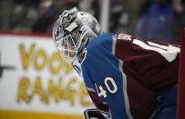 Colorado Avalanche goaltender Alexandar Georgiev reacts after giving up a goal to Pittsburgh Penguins left wing Jake Guentzel in the second period of an NHL hockey game Wednesday, March 22, 2023, in Denver. (AP Photo/David Zalubowski)