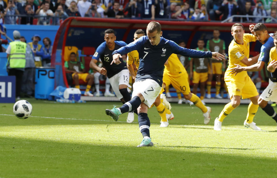 France’s Antoine Griezmann scores the penalty goal during the group C match between France and Australia at the 2018 soccer World Cup in the Kazan Arena in Kazan, Russia, Saturday, June 16, 2018. (AP Photo/Darko Bandic)