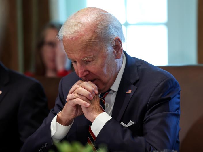 US President Joe Biden folds his hands during a Cabinet Meeting at the White House on September 6, 2022.