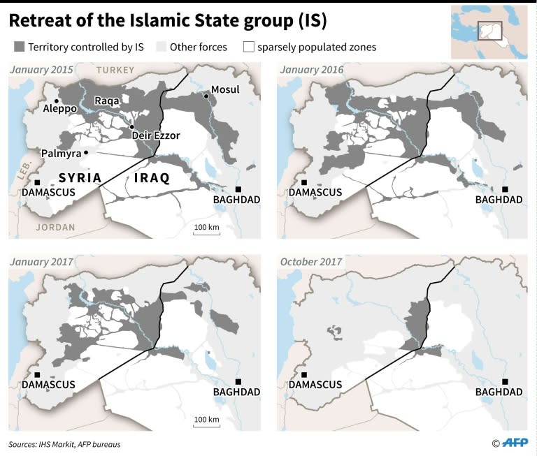 Four phases in the control and loss of Syrian and Iraqi territory by the Islamic State (IS) group between January 2015 and October 17, 2017