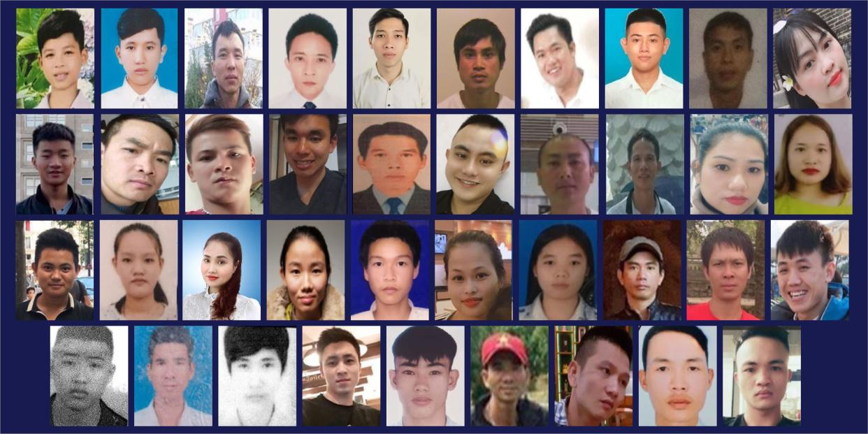 A handout combination photo released by Essex Police in London on January 22, 2021, shows the 39 Vietnamese victims of a people smuggling plot, all found dead in the back of a lorry in 2019. Top row LtoR: Dinh Dinh Binh, Nguyen Minh Quang, Nguyen Huy Phong, Le Van Ha, Nguyen Van Hiep, Bui Phan Thang, Nguyen Van Hung, Nguyen Huy Hung, Nguyen Tien Dung, Pham Thi Tra My. Second Row LtoR: Tran Khanh Tho, Nguyen Van Nhan, Vo Ngoc Nam, Vo Van Linh, Nguyen Ba Vu Hung, Vo Nhan Du, Tran Hai Loc, Tran Manh Hung, Nguyen Thi Van, Bui Thi Nhung. Third row LtoR: Hoang Van Tiep, Tran Thi Ngoc, Phan Thi Thanh, Tran Thi Tho, Duong Minh Tuan, Pham Thi Ngoc Oanh, Tran Thi Mai Nhung, Le Trong Thanh, Nguyen Ngoc Ha, Hoang Van Hoi. Bottom row LtoR: Tran Ngoc Hieu, Cao Tien Dung, Dinh Dinh Thai Quyen, Dang Huu Tuyen, Nguyen Dinh Luong, Cao Huy Thanh, Nguyen Trong Thai, Nguyen Tho Tuan and Nguyen Dinh Tu. - A British judge on Friday handed down sentences of 27 and 20 years to ringleaders Ronan Hughes and Gheorge Nica, who led a people smuggling plot that led to the death of 39 Vietnamese migrants in horrific conditions in the back of a lorry. The 39 -- the youngest of whom were two 15-year-old boys -- suffocated in the container as they were being transported to what they had hoped would be new lives in Britain.  The lifeless bodies of the migrants were discovered inside the sealed unit at a port near London in October, 2019. (Photo by - / Essex Police / AFP) (Photo by -/Essex Police/AFP via Getty Images)