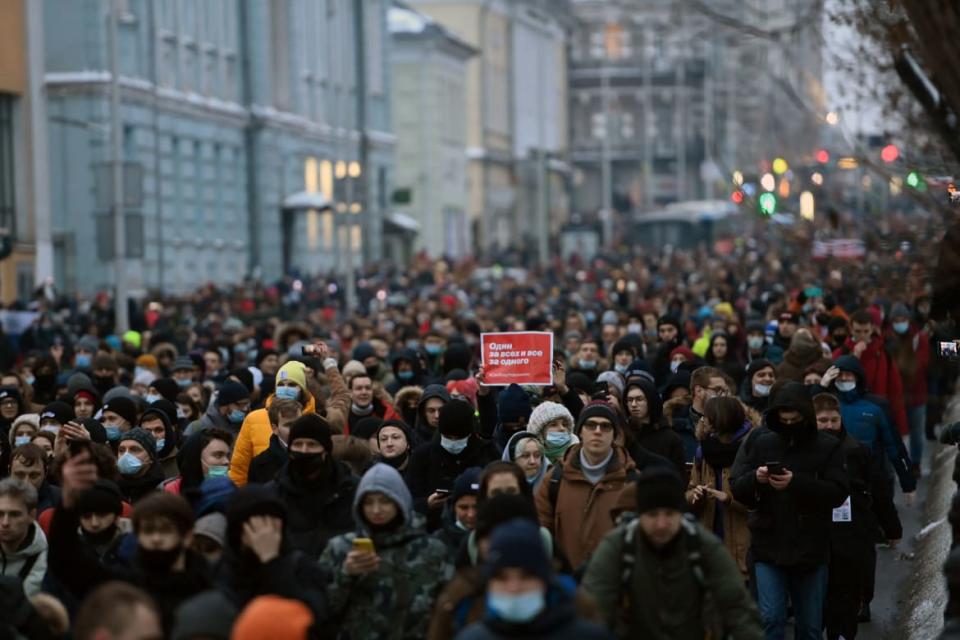 <div class="inline-image__title">1230744031</div> <div class="inline-image__caption"><p>"Protesters march in support of jailed opposition leader Alexei Navalny in downtown Moscow on January 23, 2021. The placard reads \"One for all and all for one\". - Navalny, 44, was detained last Sunday upon returning to Moscow after five months in Germany recovering from a near-fatal poisoning with a nerve agent and later jailed for 30 days while awaiting trial for violating a suspended sentence he was handed in 2014. (Photo by Kirill KUDRYAVTSEV / AFP) (Photo by KIRILL KUDRYAVTSEV/AFP via Getty Images)"</p></div> <div class="inline-image__credit">KIRILL KUDRYAVTSEV</div>