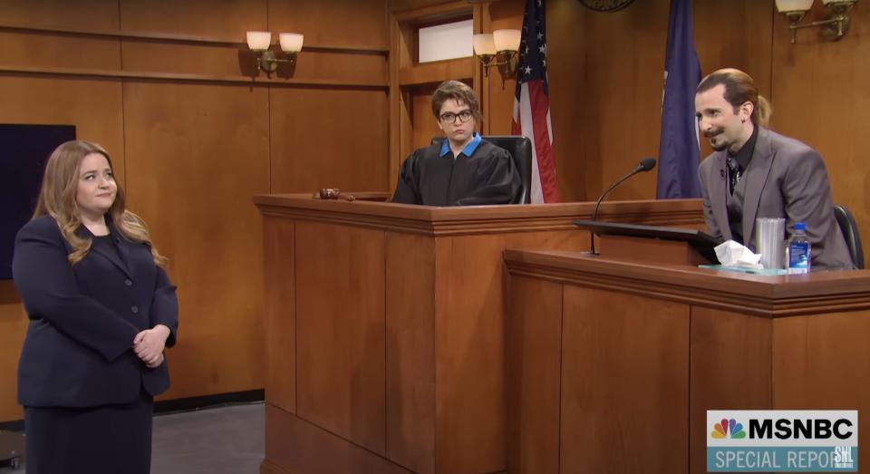 Screenshot of "Saturday Night Live" cold open about Johnny Depp-Amber Heard trial with Aidy Bryant, Cecily Strong, and Kyle Mooney