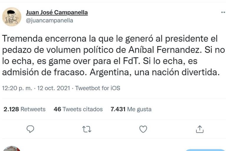 Juan José Campanella expresó en un tuit que el mensaje intimidatorio de Aníbal Fernández contra Nik le generó al presidente una "tremenda encerrona"