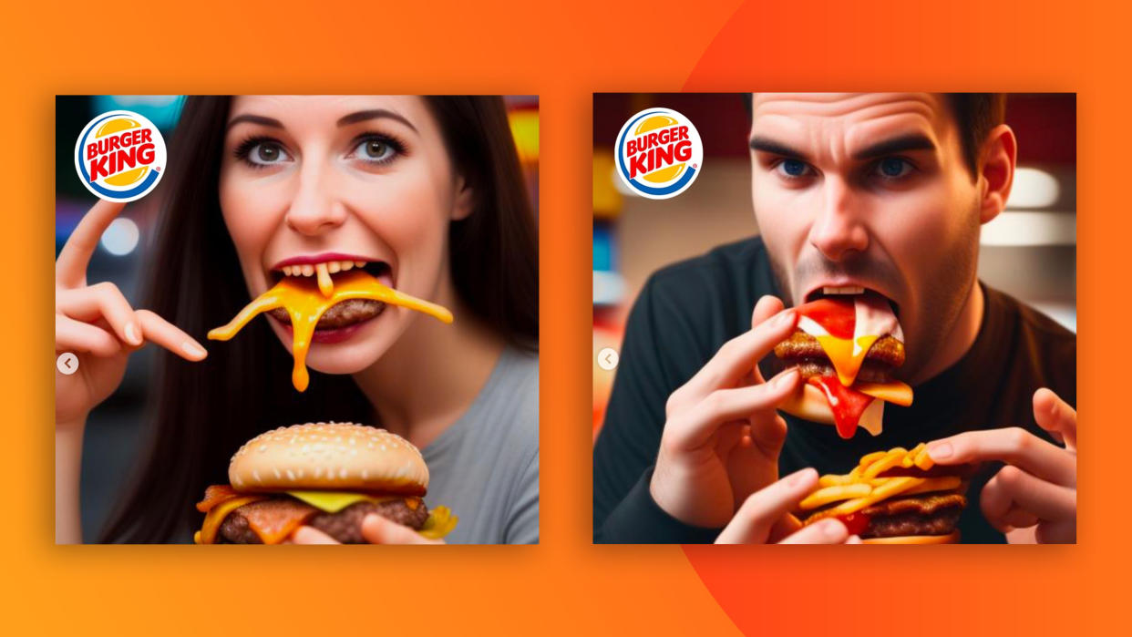  Burger King AI ads showing deformed people eating burgers. 